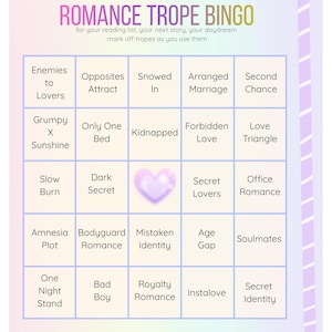 Pu&ograve; includere: Una scheda Bingo dei Tropi Romantici dai colori pastello con una griglia di tropi di romanzi rosa. La scheda presenta frasi come "Enemies to Lovers", "Arranged Marriage" e "Secret Lovers". Il testo "pretty chaos" &egrave; in alto.