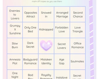 Romantik Trope Bingo Printable | Lese-Challenge | Schreibaufschlag Spiel | Buchliebhaber Geschenk | Schreiber Arbeitsblatt