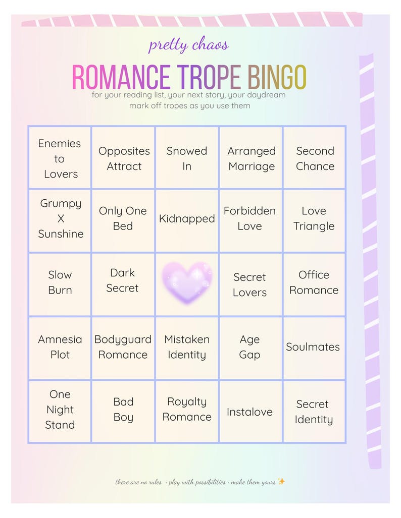 Pu&ograve; includere: Una scheda Bingo dei Tropi Romantici dai colori pastello con una griglia di tropi di romanzi rosa. La scheda presenta frasi come "Enemies to Lovers", "Arranged Marriage" e "Secret Lovers". Il testo "pretty chaos" &egrave; in alto.