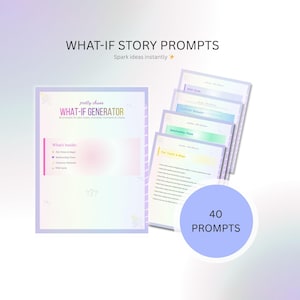 May include: A stack of story prompt cards with the text "WHAT-IF STORY PROMPTS" and "WHAT-IF GENERATOR". The cards are in shades of purple, pink, and blue, with the words "40 PROMPTS" in a blue circle.