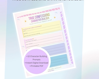 True Confessions Romanze Character Generator Printable | Arbeitsblatt zur Charakterentwicklung für Autoren | Kreatives Schreiben Vorlage