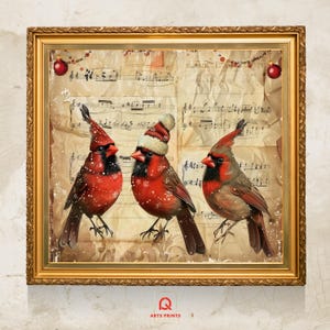 Pássaros cardeais vermelhos com tema de Natal e notas musicais, cartão de Natal estilo vintage: pássaros cardeais em chapéus, inverno e música