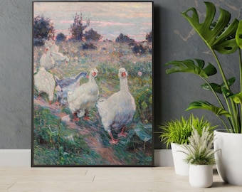 Vintage Goose Painting Print: Farm Animal Art Print, Rural Landscape