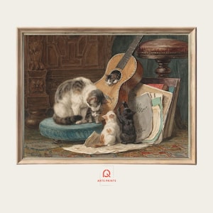 Victorian Cat Art Print: Musical Kitten Illustration, Antique Style