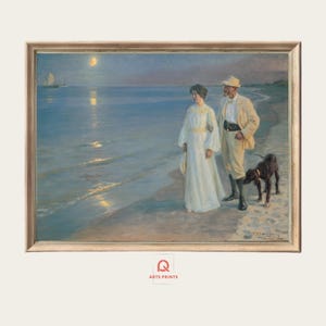 Stampa romantica di coppia sulla spiaggia: riproduzione d&#39;arte d&#39;epoca di una serata costiera
