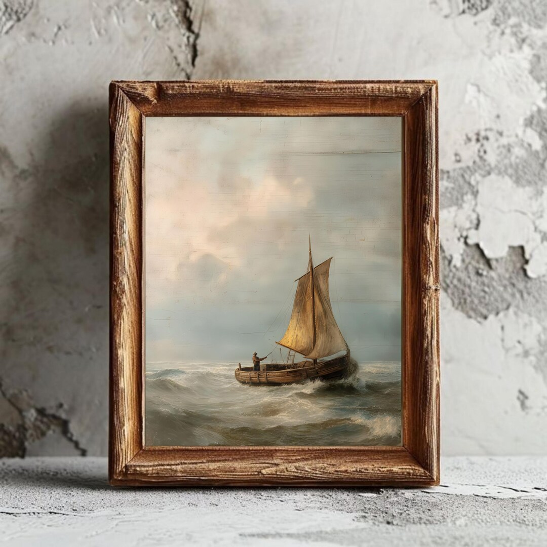 Vintage Sailboat Painting, Moody Seascape Wall Art, Nautical Decor ...