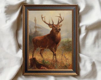 Highland Stag Print: Forest Deer Painting, Country Lodge Decor, Majestic Deer Art