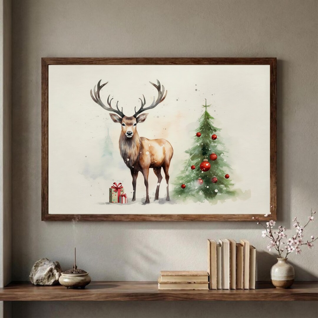 Watercolor Christmas Deer Art Print: Rustic Xmas Tree Poster - Etsy