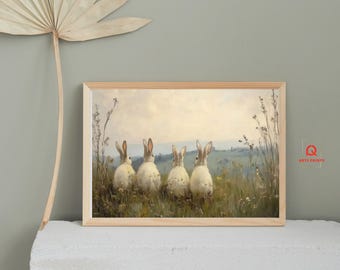 Lámina artística de la familia de conejitos: Decoración vintage para la habitación del bebé con conejos