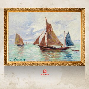 Pintura a óleo artística Pintura de barco, Paisagem de navios à vela no mar, Impressão digital, Decoração de parede, Presente para casa e escritório, Barco à vela