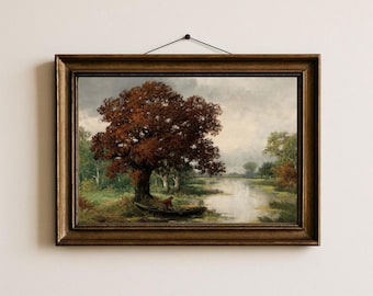 Landscape Art Print: Vintage Tree by River Oil Painting Style