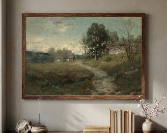 Vintage Landscape Painting Print, Farmhouse Wall Decor, Muted Tones Oil Painting