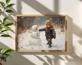 冬の雪だるまのアートプリント、小さな男の子の絵、居心地の良い子供部屋の装飾、ヴィンテージのクリスマスウォールアート