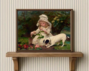 Girl and Dog Art Print: Textured Paper Reproduction