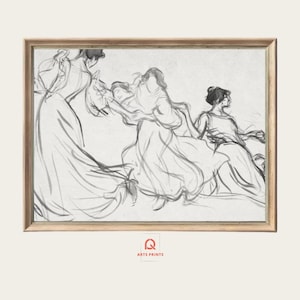Dancing Woman Sketch Art Print: Elegant Vintage Style Pencil Drawing