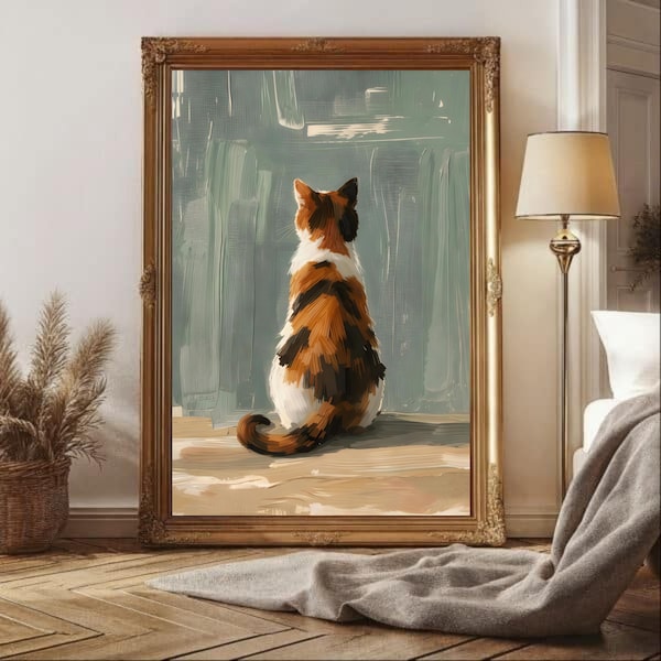 Calico Cat Wall Art Print, Minimalist Oil Painting, Cozy Cat Artwork, Neutral Home Decor