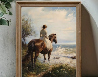 Vintage Woman on Horse Painting, Coastal Wall Art, Equestrian Oil Print, Antique, Cottagecore Decor
