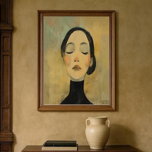 May include: A framed portrait painting of a person with closed eyes, wearing a black high-neck garment. The figure has pale skin with soft peach-coloured cheeks, set against a textured, muted yellow and light blue abstract background.
