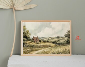 Farmhouse Landscape Art Print: Country Cottage Painting