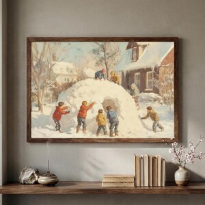 Vintage wintersneeuwkunstdruk, kinderigloschilderij, decoratie kinderkamer