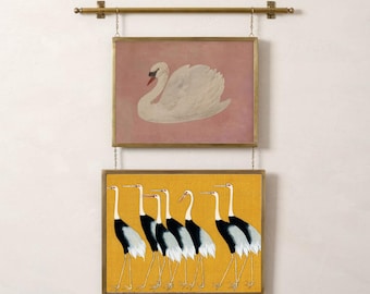 Conjunto de gravuras japonesas de garça e cisne: pôsteres elegantes de pássaros (conjunto de 2)