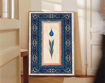 Turkish Tulip Ebru Art Print, Ottoman Floral Wall Decor, Islamic Calligraphy Style Gift