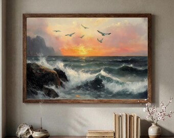 Ocean Sunset Seascape Print, Coastal Waves, Birds, Fine Art (Digital Download)
