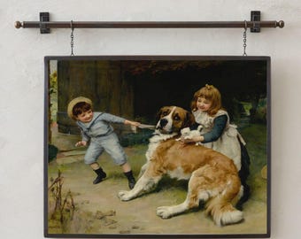 Kids and Dog Art Print: Whimsical Victorian Era Animal Poster