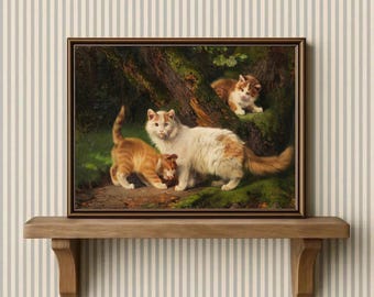 Cat Print: Mother and Kittens, Farmhouse Animal Art