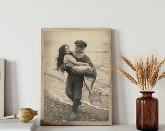 Vintage Mermaid Couple Print, Quirky Fantasy Nautical Wall Art (Print)