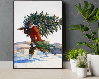 Vintage Christmas Tree Art Print: Rustic Winter Snow Scene