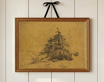 Impresión artística de un boceto de árbol sepia vintage: dibujo de un paisaje rústico sobre papel texturizado