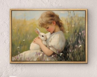 Vintage Girl with Rabbit Oil Painting Print, Nursery Wall Art, Antique Farmhouse Art
