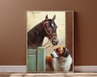 Pferd und Hund Poster: Stall Dekor, Tierfreundschaft Poster, Treue Begleiter