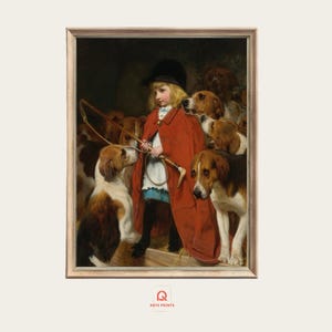 Hondenliefhebber cadeau, klassieke portretafdruk kind en honden, getextureerde poster voor rustiek decor, Master of the Hounds-stijl kunst #P0009