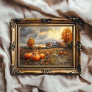 Fall Pumpkin Patch Oil Painting, Landscape Wall Art, Vintage Farmhouse Decor, Rustic Thanksgiving Print