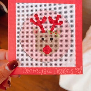 Beginner Reindeer Needlepoint Canvas - Hand Painted - 3.5 x 3.5 design on 13 mesh canvas