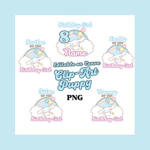 May include: A collection of pastel-colored digital clip art featuring a cartoon puppy character. The designs include text such as "Birthday Girl," "Brother of the," "Daddy of the," "Sister of the," and "Mommy of the." The text "Clip-Art Puppy" is also present.