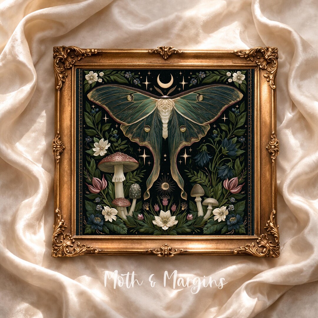 Luna Moth Wall Art Print, Dark Cottagecore Mushroom Botanical Gothic ...
