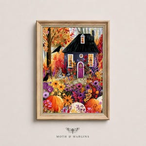 May include: A framed art print featuring a dark house with a black roof and purple door, surrounded by vibrant autumn foliage, orange pumpkins, and black birds. The scene is filled with colorful flowers in shades of yellow, purple, and red.