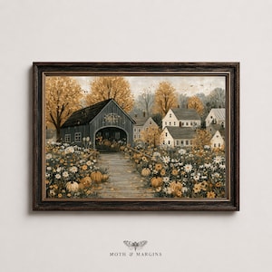 Pode incluir: Uma pintura de paisagem emoldurada apresentando uma ponte coberta e casas cercadas por árvores de outono, abóboras e flores brancas. O texto MOTH & MARGINS aparece na parte inferior. A cena é renderizada em tons quentes de laranja, marrom e creme.