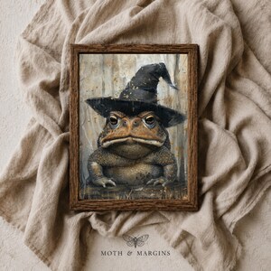 May include: A framed rectangular print featuring a textured illustration of a brown toad wearing a black pointed witch hat. The artwork displays a muted forest background with golden speckles. Below the frame, the text reads MOTH & MARGINS.