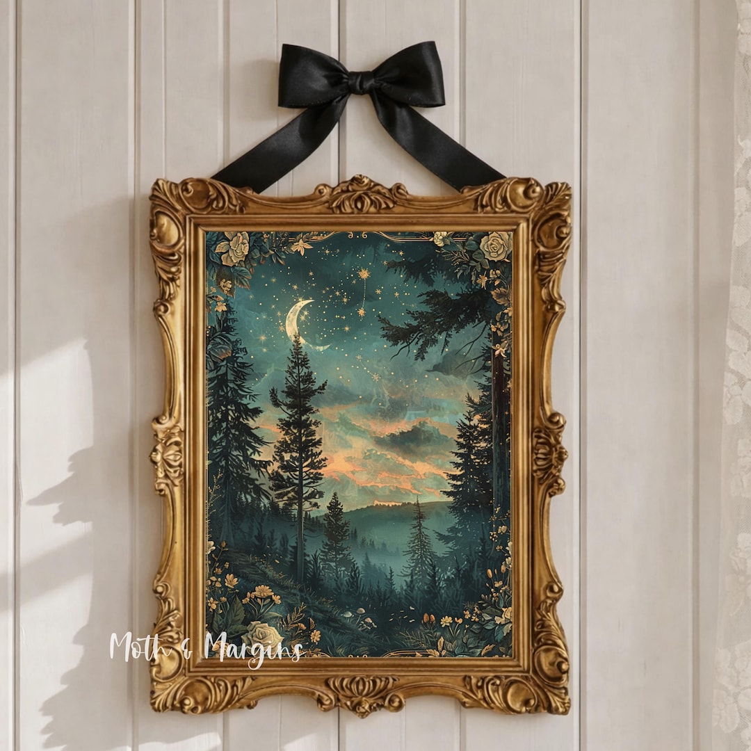 Enchanted Forest Night Sky Print, Moody Woodland Crescent Moon Wall Art ...