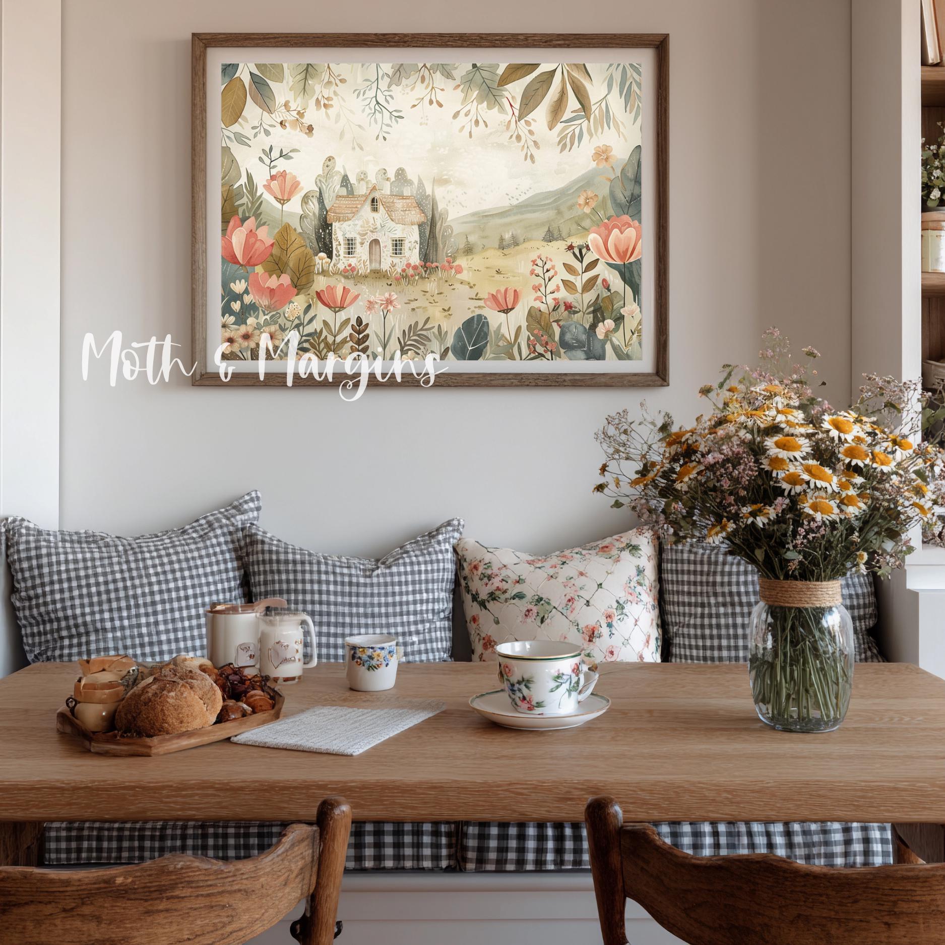 Whimsical Floral Cottage Print Storybook Meadow House Cottagecore Wall ...