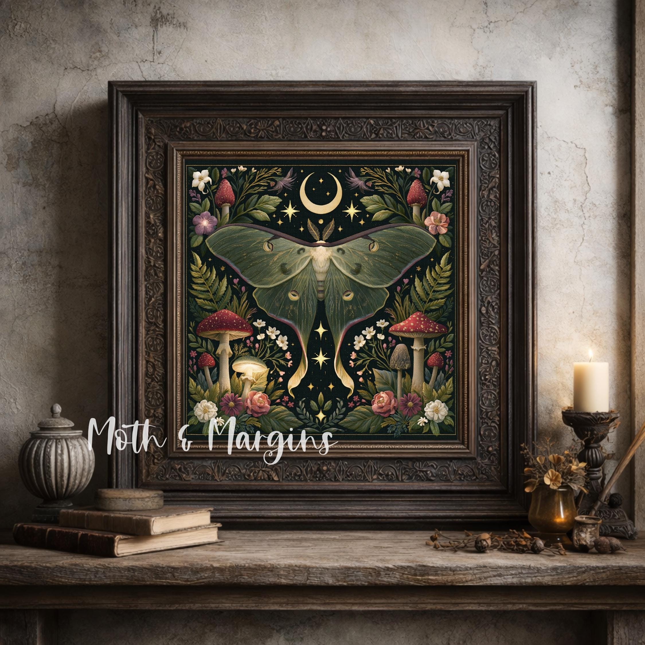 Luna Moth Printable Wall Art, Dark Cottagecore Celestial Mushroom Decor ...
