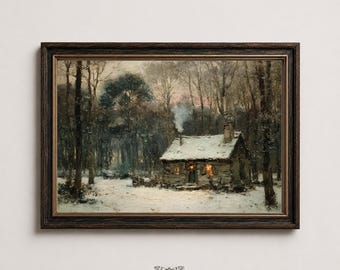 Könnte beinhalten: Ein gerahmtes Landschaftsgemälde, das eine schneebedeckte Hütte in einem dichten Wald im Winter zeigt. Die Hütte hat leuchtende Fenster und einen Schornstein mit aufsteigendem Rauch. Der dunkle Holzrahmen umgibt das Kunstwerk, mit dem Text MOTH & MARGINS und einem Motten-Symbol unter dem Rahmen.