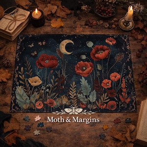 Rompecabezas Luna de Amapola Celestial, Rompecabezas Noche Floral Oscura, Rompecabezas Botánico Gótico, Rompecabezas de Arte de Flores Silvestres a la Luz de la Luna