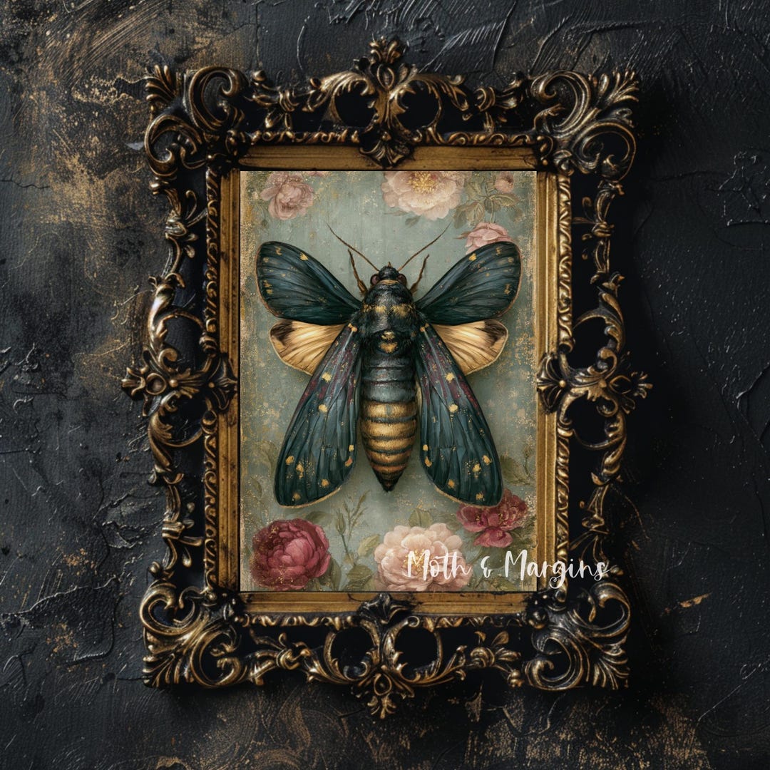Dark Academia Moth Printable Wall Art, Vintage Botanical Insect ...