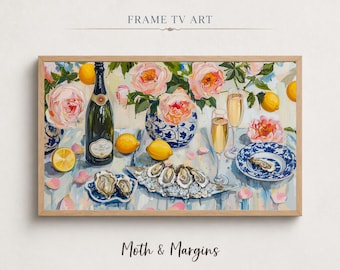 Coastal Grandmillennial Frame TV Art, Champagne and Oyster Digital Display