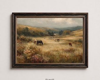 Puede incluir: Un cuadro de paisaje enmarcado que representa un campo de hierba con varios caballos pastando bajo un cielo nublado. La obra presenta tonos tierra apagados, incluyendo matices de marrón, dorado y verde, en un marco de madera oscura texturizada.